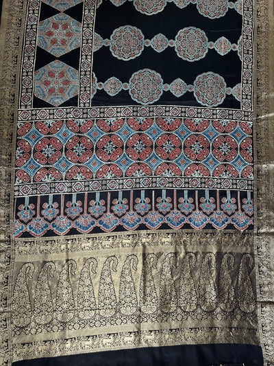 AMRITA: Handblock Ajrakh Dola Silk Saree with Meenakari Pallu