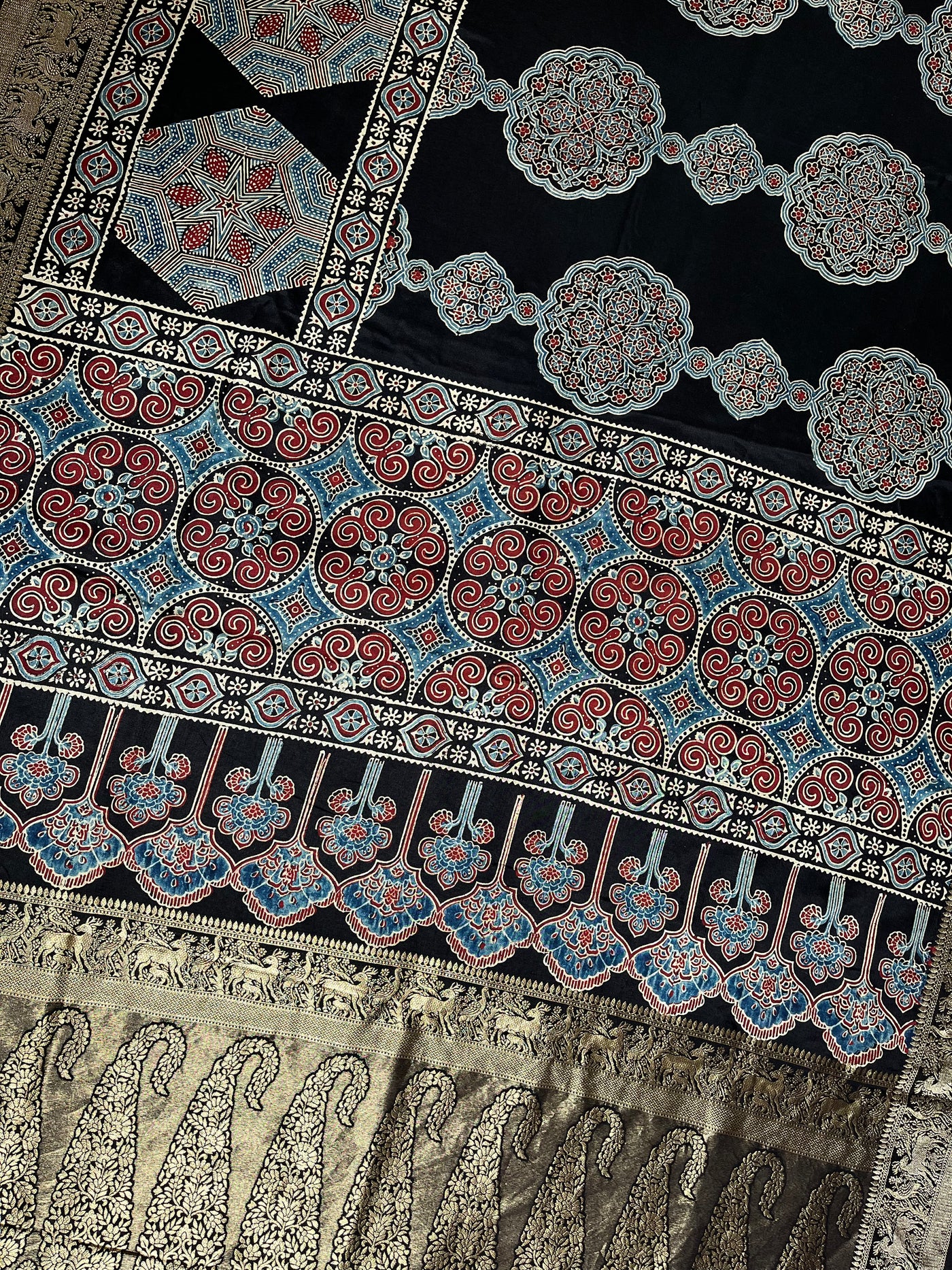 AMRITA: Handblock Ajrakh Dola Silk Saree with Meenakari Pallu