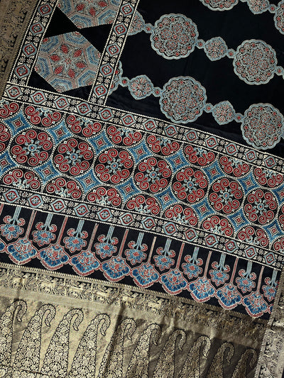 AMRITA: Handblock Ajrakh Dola Silk Saree with Meenakari Pallu