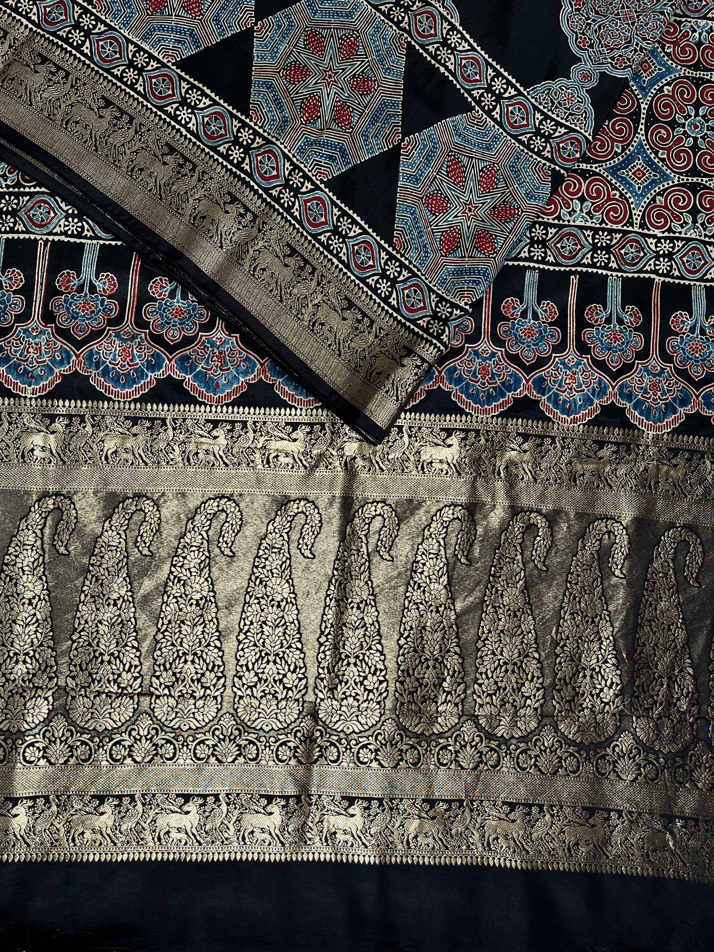 AMRITA: Handblock Ajrakh Dola Silk Saree with Meenakari Pallu