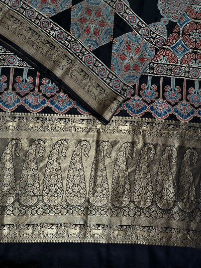 AMRITA: Handblock Ajrakh Dola Silk Saree with Meenakari Pallu