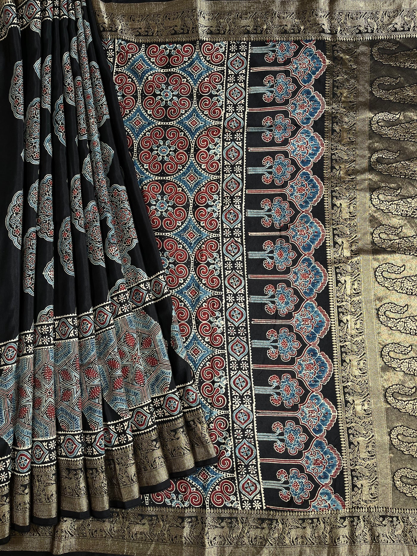 AMRITA: Handblock Ajrakh Dola Silk Saree with Meenakari Pallu