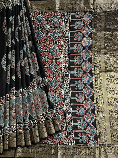AMRITA: Handblock Ajrakh Dola Silk Saree with Meenakari Pallu