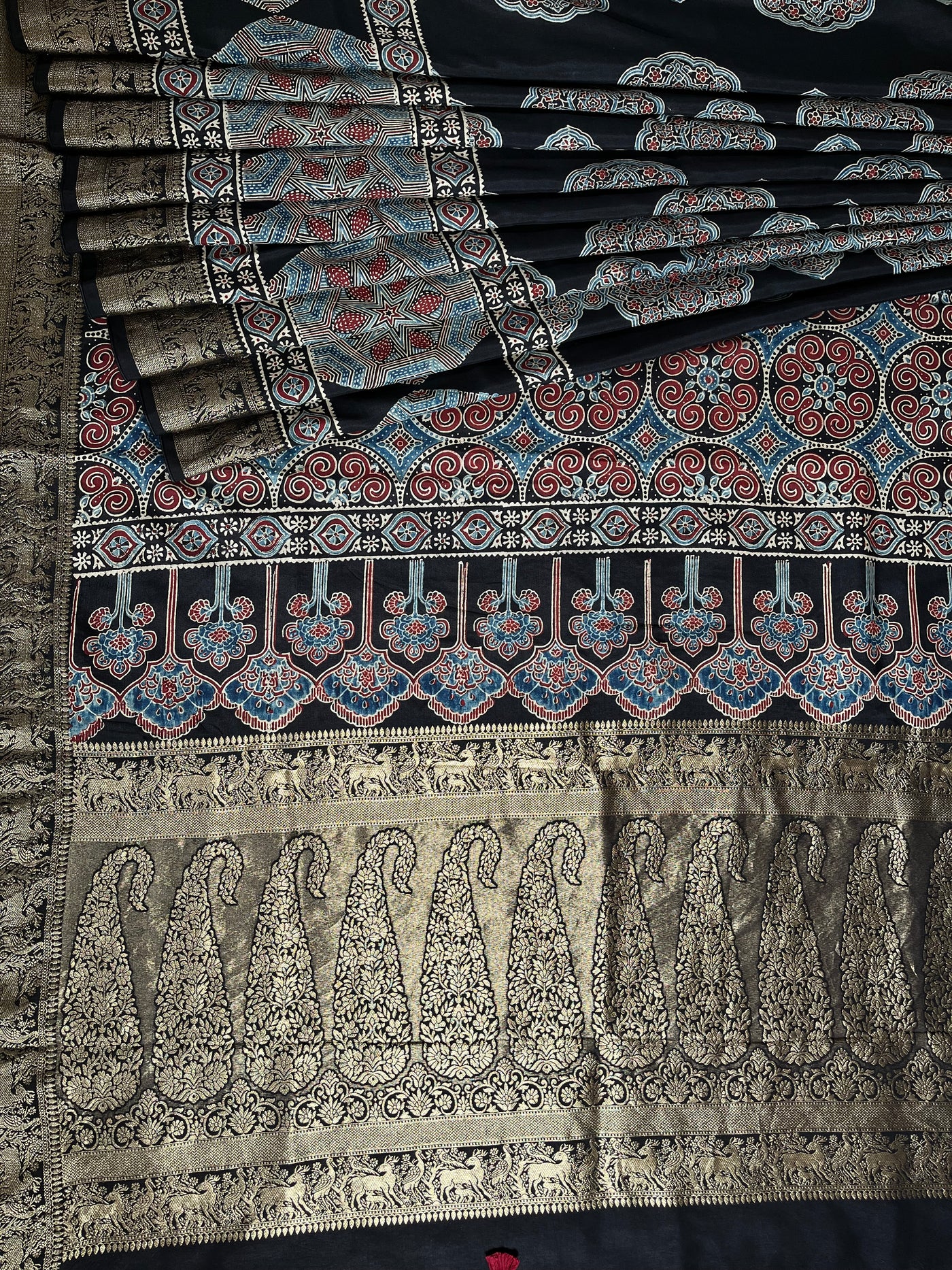 AMRITA: Handblock Ajrakh Dola Silk Saree with Meenakari Pallu