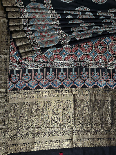AMRITA: Handblock Ajrakh Dola Silk Saree with Meenakari Pallu