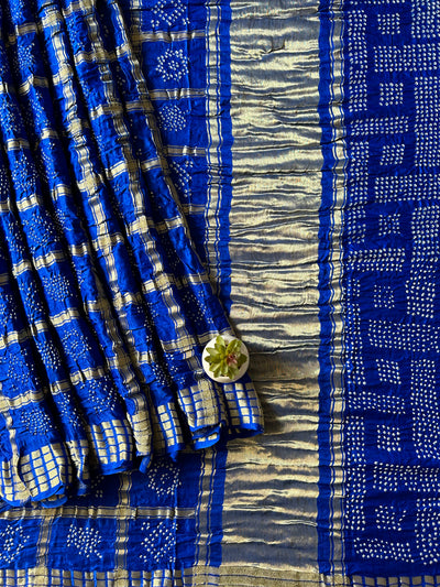 Kali:Blue,Handmade Bandhani Pure Gajji Silk Gharchola Saree