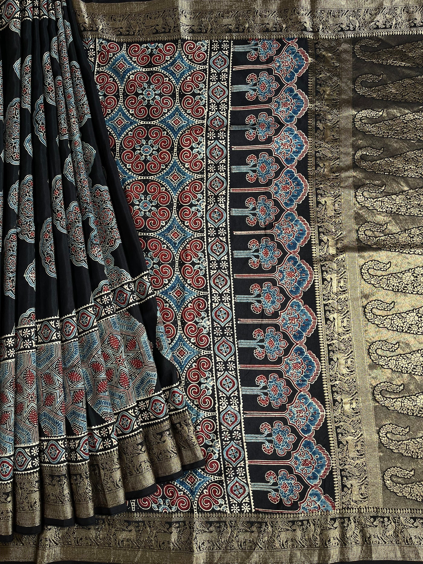 AMRITA: Handblock Ajrakh Dola Silk Saree with Meenakari Pallu