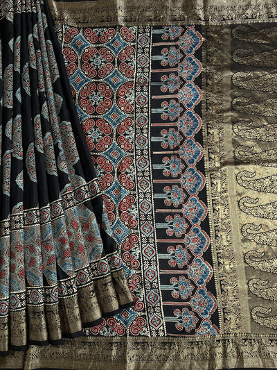 AMRITA: Handblock Ajrakh Dola Silk Saree with Meenakari Pallu
