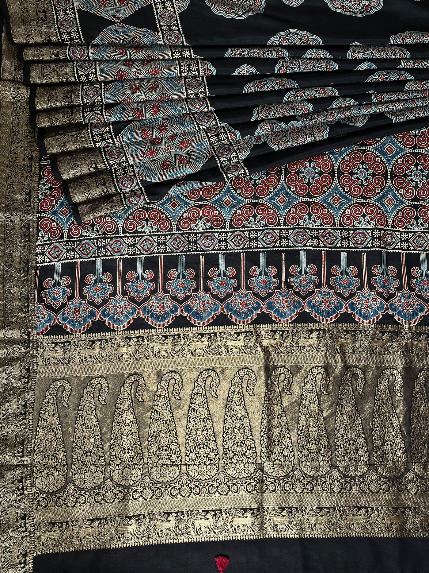 AMRITA: Handblock Ajrakh Dola Silk Saree with Meenakari Pallu
