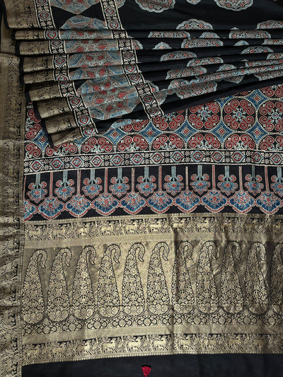 AMRITA: Handblock Ajrakh Dola Silk Saree with Meenakari Pallu