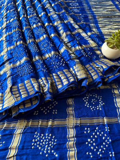 Kali:Blue,Handmade Bandhani Pure Gajji Silk Gharchola Saree