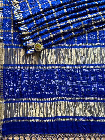 Kali:Blue,Handmade Bandhani Pure Gajji Silk Gharchola Saree