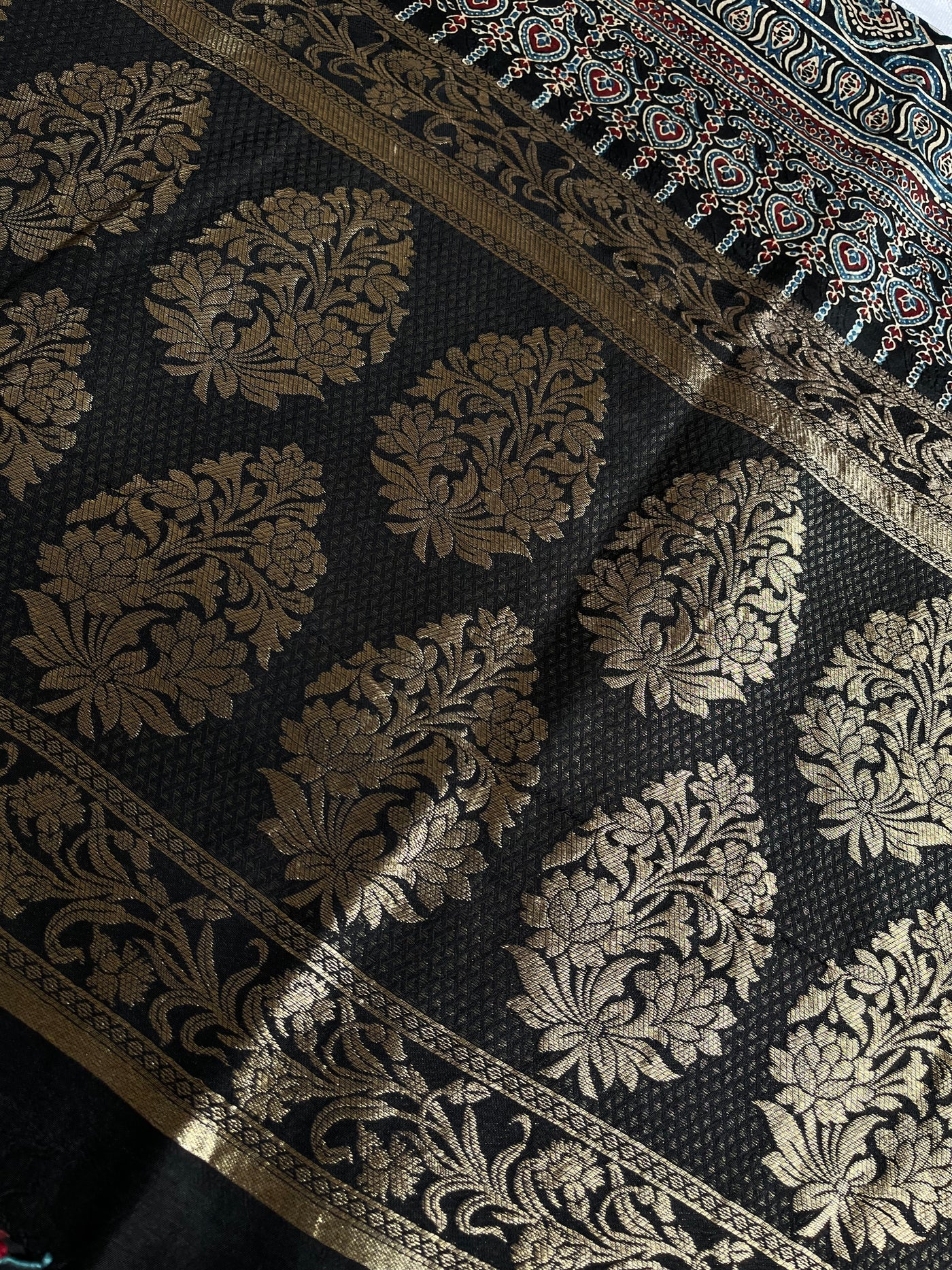 JASLEEN: Handblock Ajrakh Dola Silk Saree with Meenakari Pallu