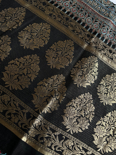 JASLEEN: Handblock Ajrakh Dola Silk Saree with Meenakari Pallu