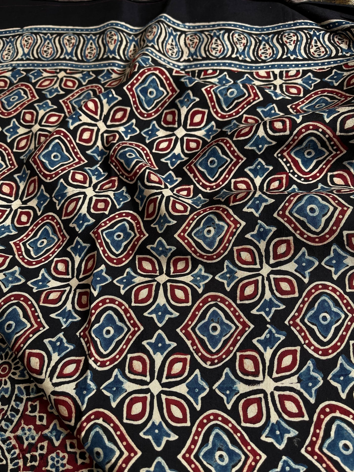 JASLEEN: Handblock Ajrakh Dola Silk Saree with Meenakari Pallu