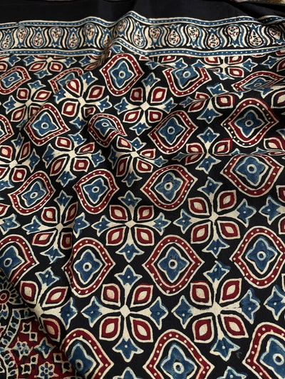 JASLEEN: Handblock Ajrakh Dola Silk Saree with Meenakari Pallu