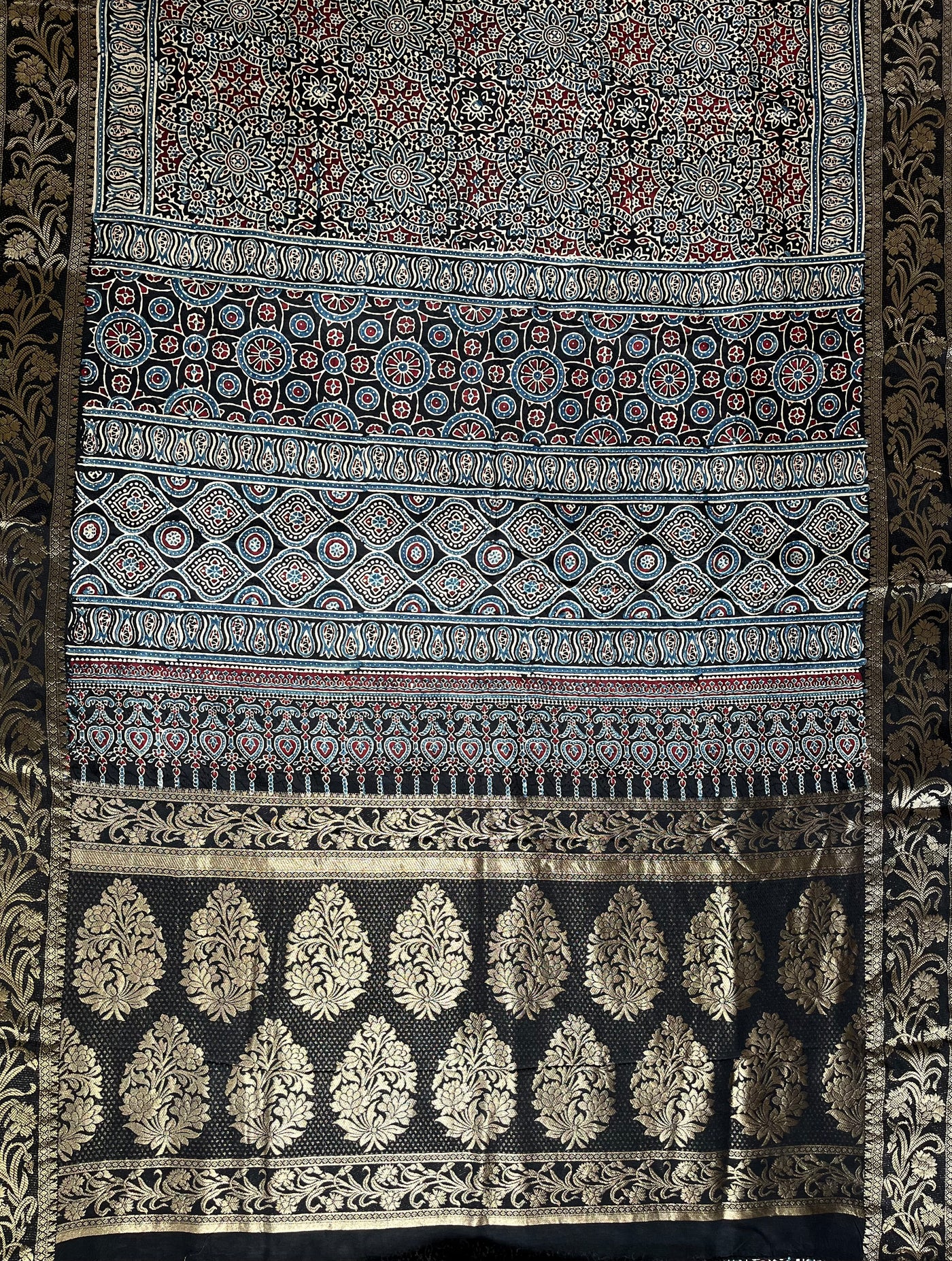 JASLEEN: Handblock Ajrakh Dola Silk Saree with Meenakari Pallu