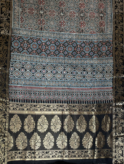 JASLEEN: Handblock Ajrakh Dola Silk Saree with Meenakari Pallu