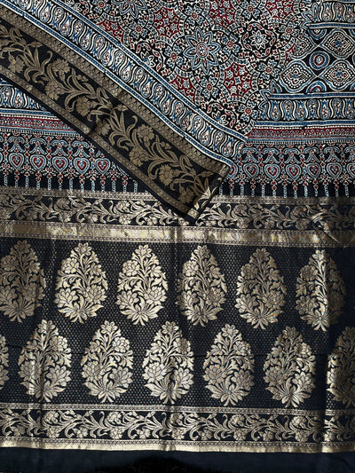 JASLEEN: Handblock Ajrakh Dola Silk Saree with Meenakari Pallu