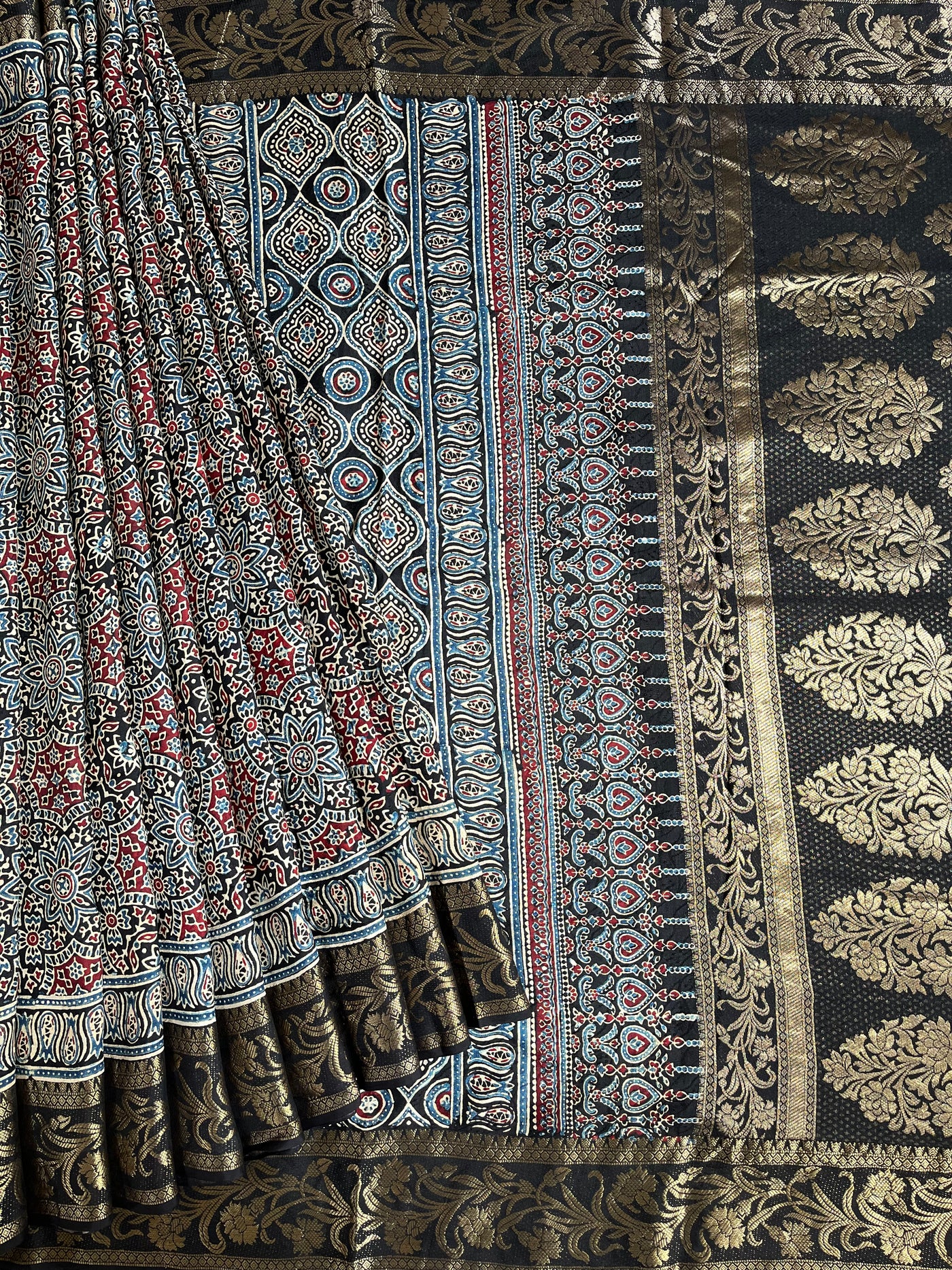 JASLEEN: Handblock Ajrakh Dola Silk Saree with Meenakari Pallu