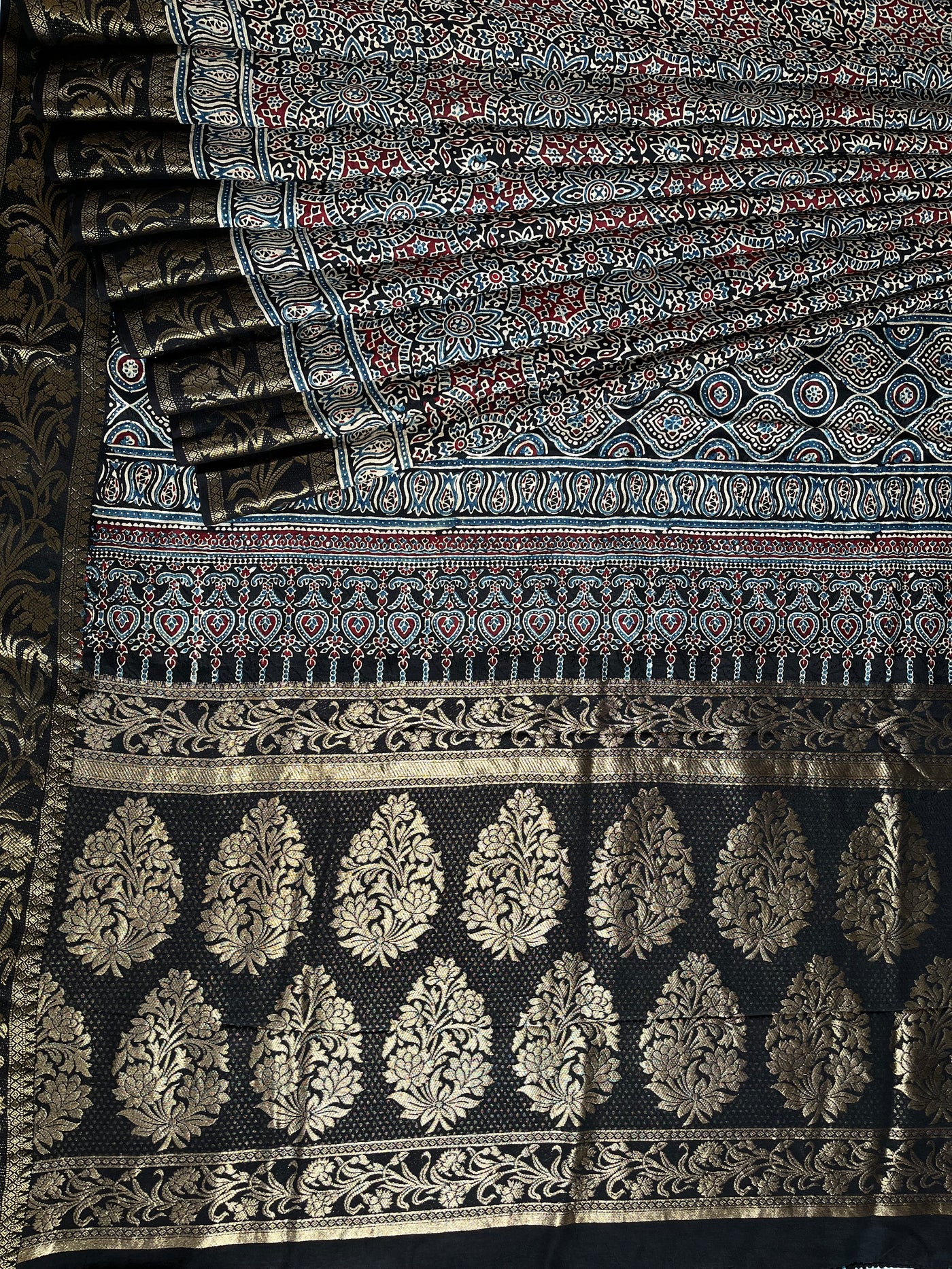JASLEEN: Handblock Ajrakh Dola Silk Saree with Meenakari Pallu