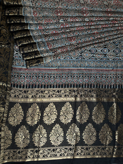 JASLEEN: Handblock Ajrakh Dola Silk Saree with Meenakari Pallu