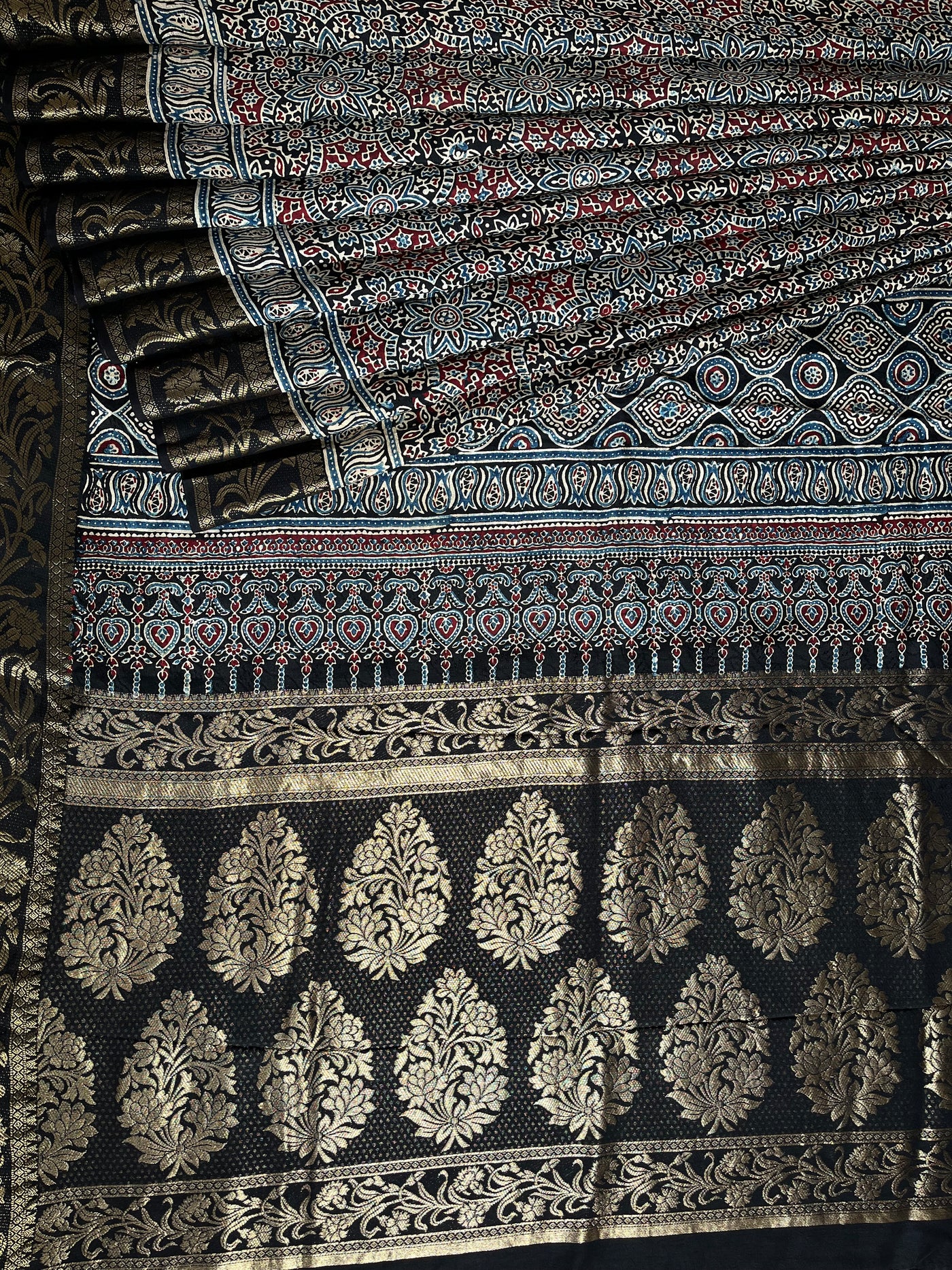 JASLEEN: Handblock Ajrakh Dola Silk Saree with Meenakari Pallu