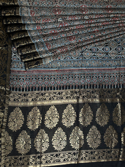 JASLEEN: Handblock Ajrakh Dola Silk Saree with Meenakari Pallu