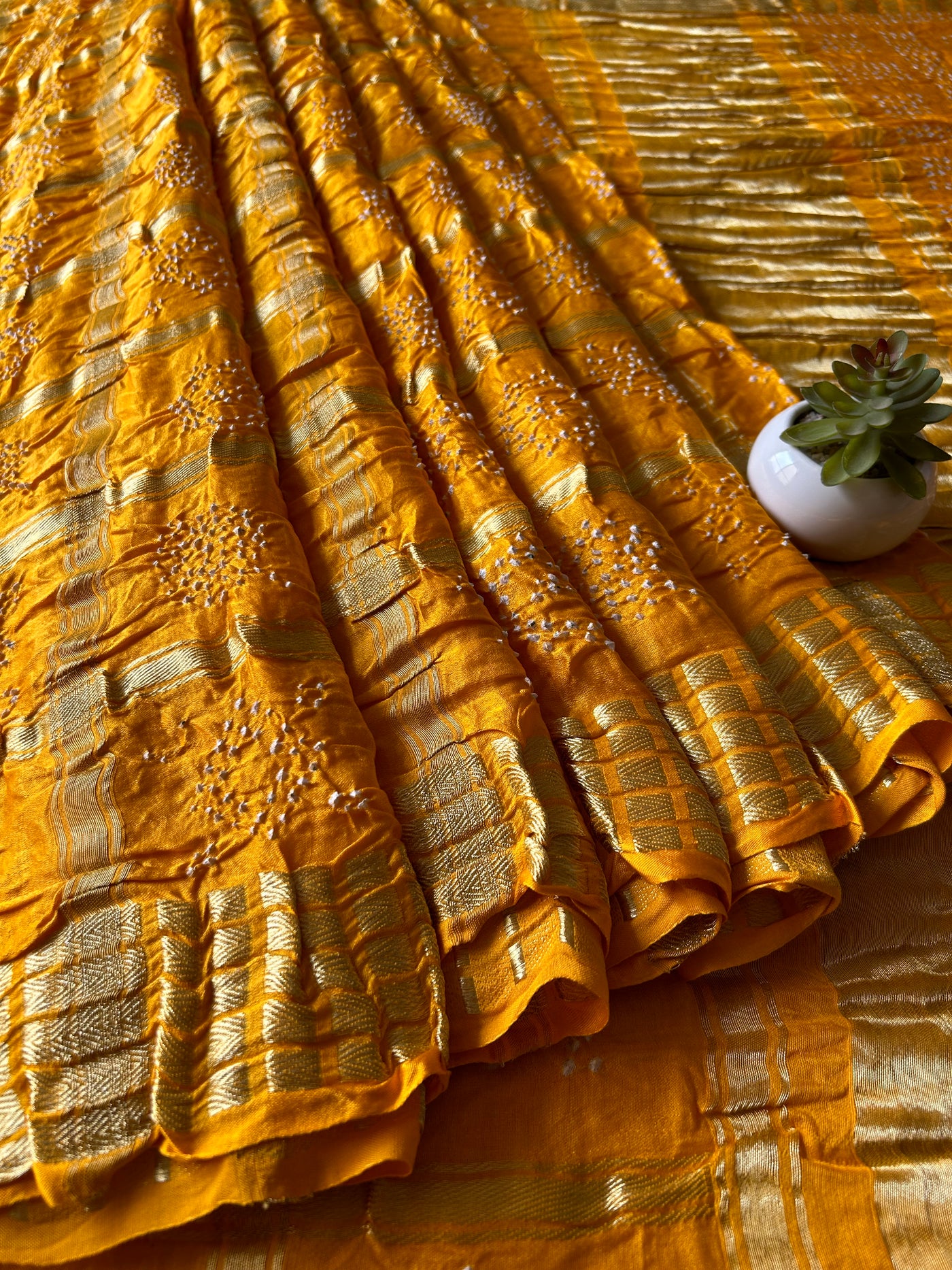 Kalyan:Yellow,Handmade Bandhani Pure Gajji Silk Gharchola Saree