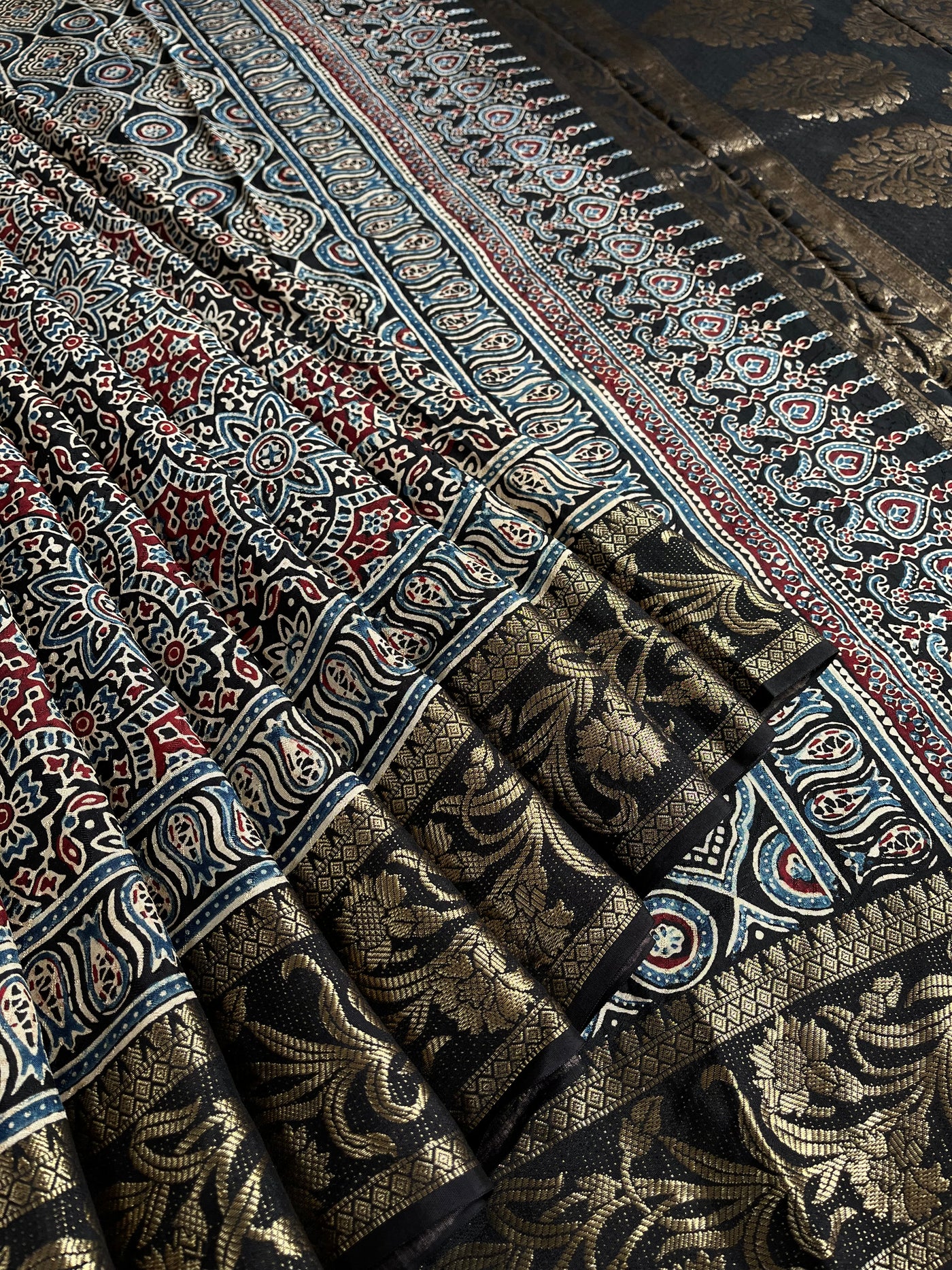 JASLEEN: Handblock Ajrakh Dola Silk Saree with Meenakari Pallu