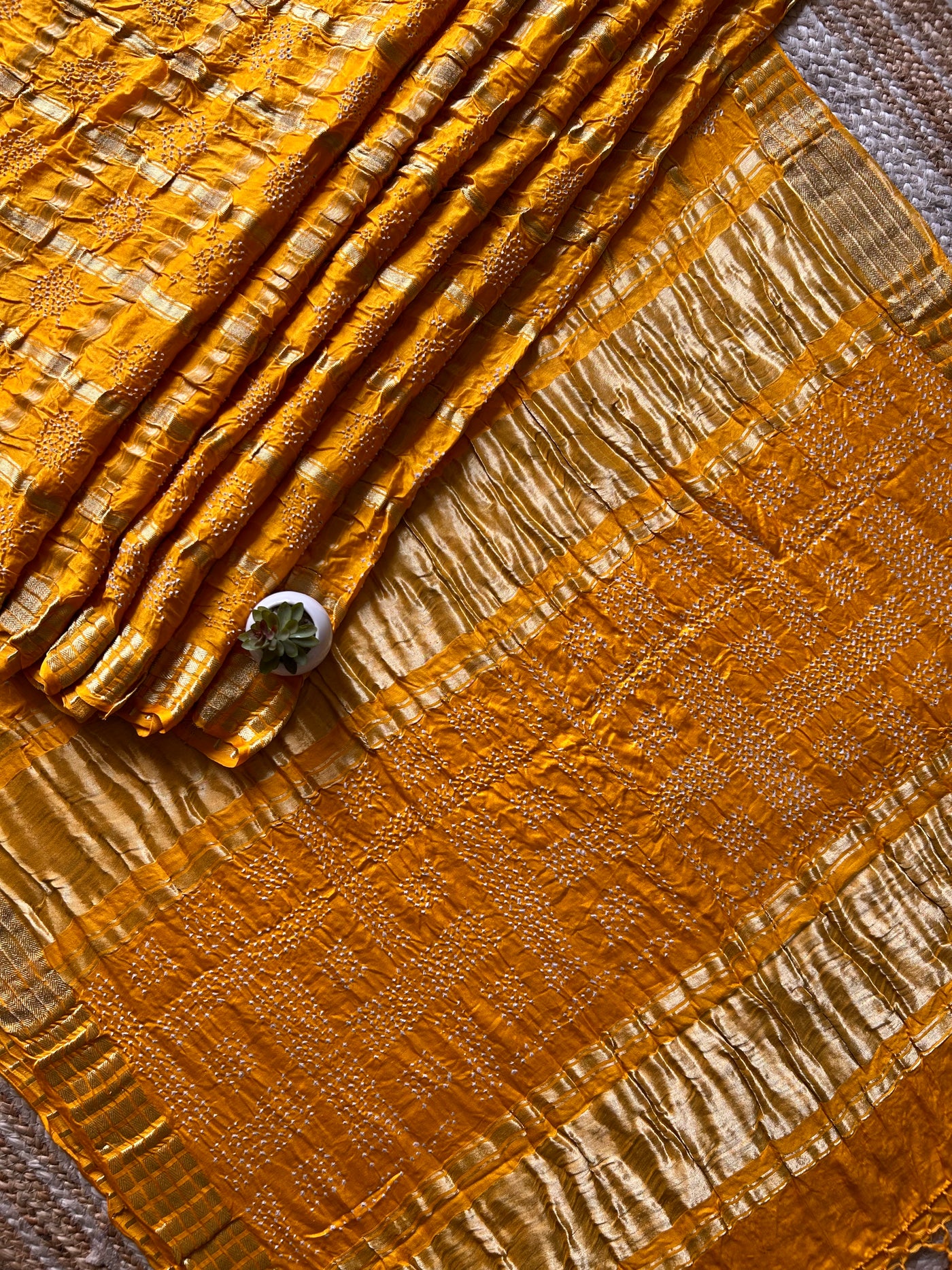 Kalyan:Yellow,Handmade Bandhani Pure Gajji Silk Gharchola Saree