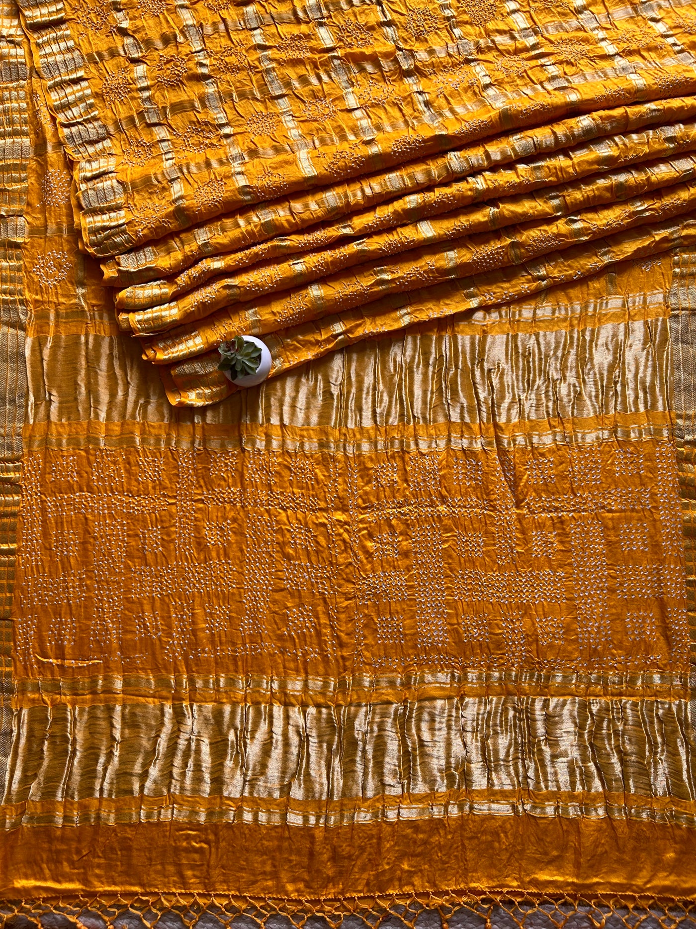 Kalyan:Yellow,Handmade Bandhani Pure Gajji Silk Gharchola Saree