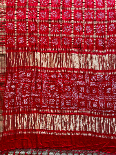 Aarya:Red, Handmade Bandhani Pure Gajji Silk Gharchola Saree