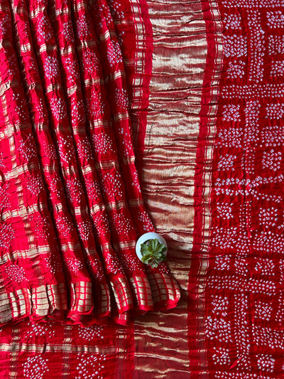 Aarya:Red, Handmade Bandhani Pure Gajji Silk Gharchola Saree