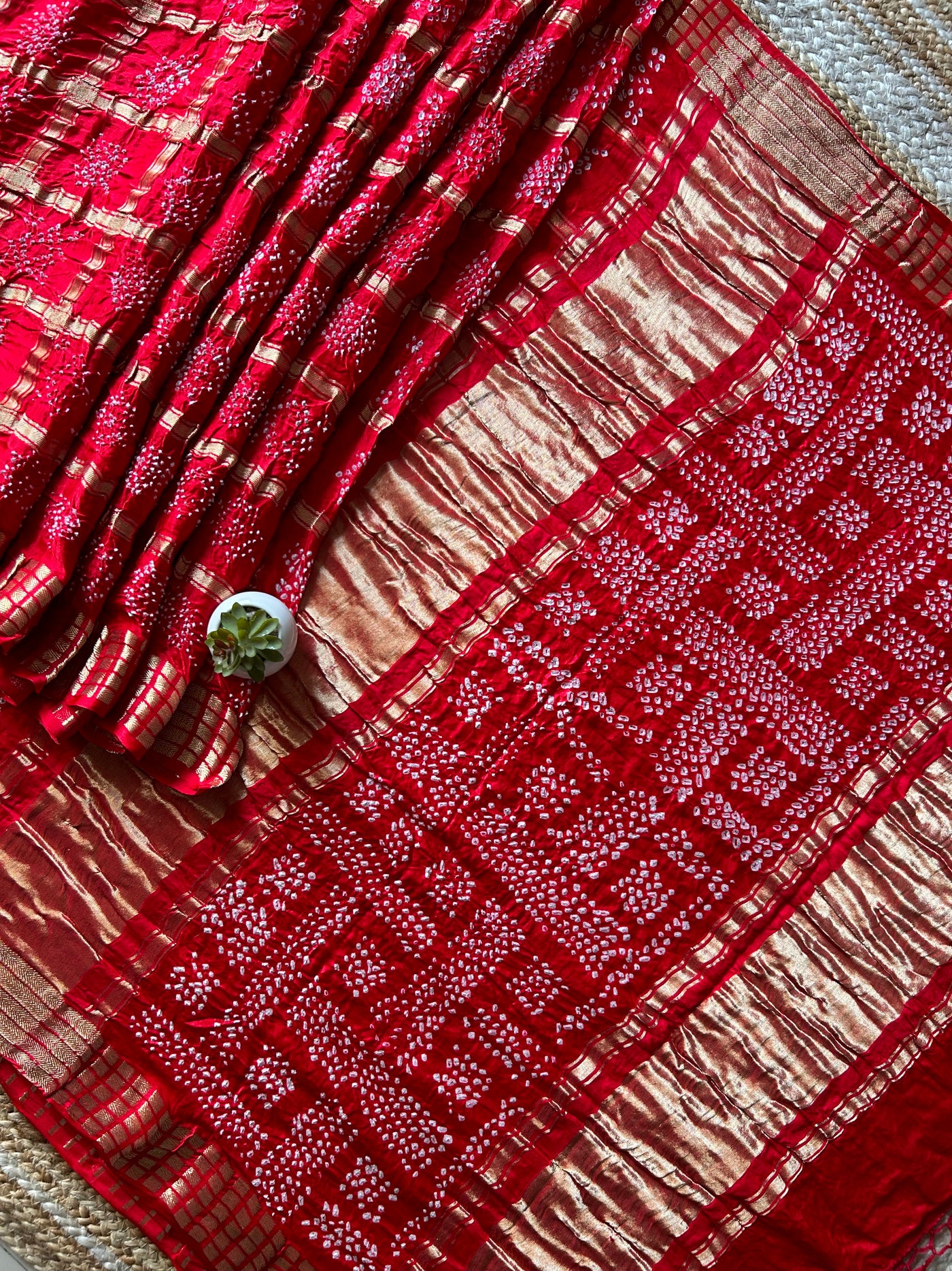 Aarya:Red, Handmade Bandhani Pure Gajji Silk Gharchola Saree