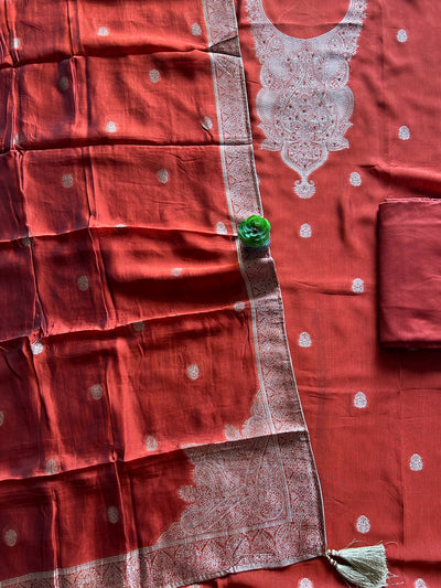 MRINAL:CRIMSON RED, PARTY WEAR BANARASI SILK CHANDERI 3 PIECE SUIT SET