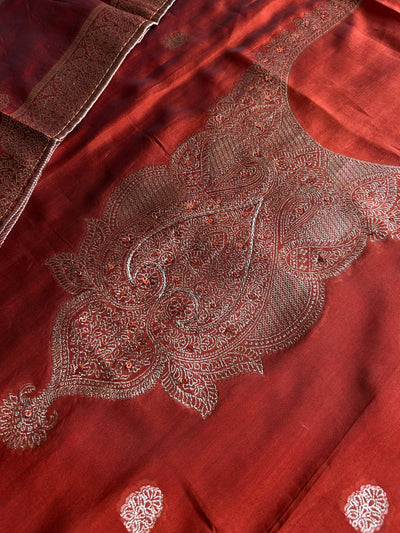 MRINAL:CRIMSON RED, PARTY WEAR BANARASI SILK CHANDERI 3 PIECE SUIT SET