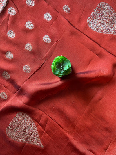 MRINAL:CRIMSON RED, PARTY WEAR BANARASI SILK CHANDERI 3 PIECE SUIT SET