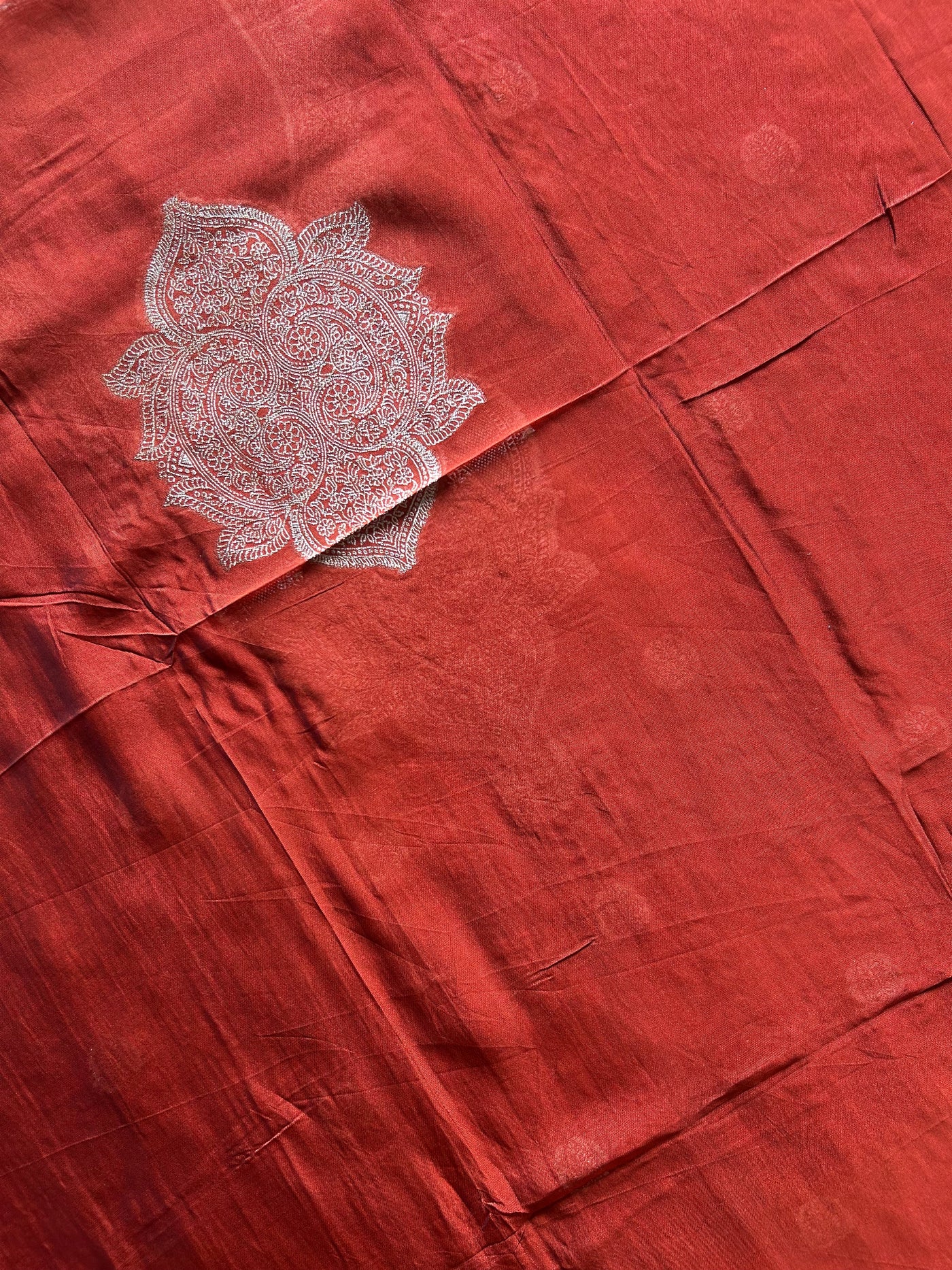 MRINAL:CRIMSON RED, PARTY WEAR BANARASI SILK CHANDERI 3 PIECE SUIT SET