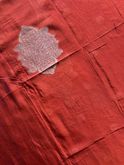MRINAL:CRIMSON RED, PARTY WEAR BANARASI SILK CHANDERI 3 PIECE SUIT SET