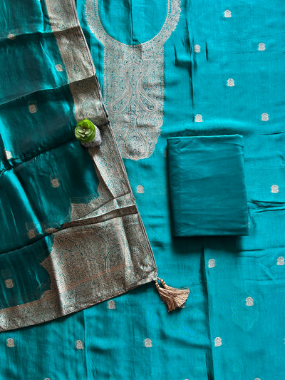 NEEL KAMAL: TEAL BLUE,PARTY WEAR BANARASI SILK CHANDERI 3 PIECE SUIT SET