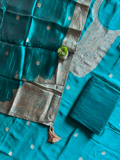 NEEL KAMAL: TEAL BLUE,PARTY WEAR BANARASI SILK CHANDERI 3 PIECE SUIT SET