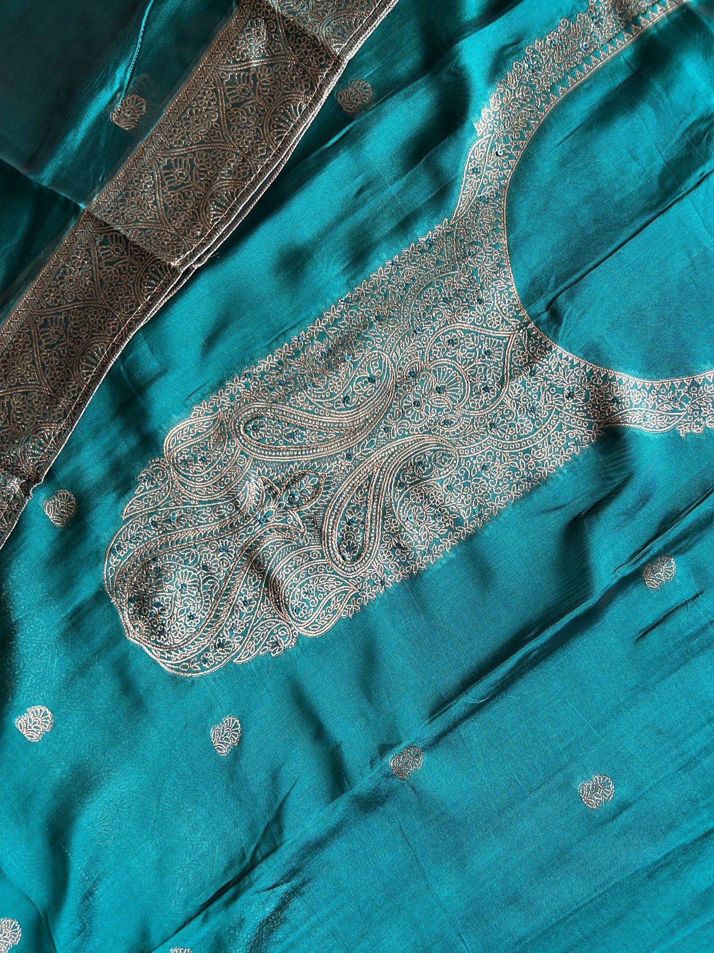 NEEL KAMAL: TEAL BLUE,PARTY WEAR BANARASI SILK CHANDERI 3 PIECE SUIT SET