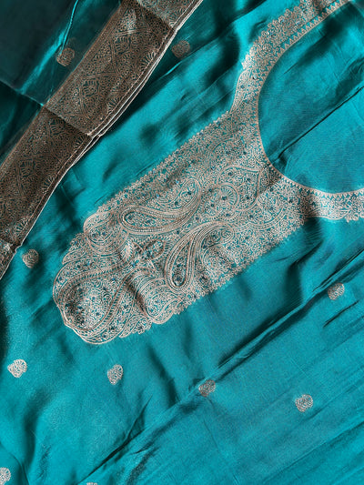 NEEL KAMAL: TEAL BLUE,PARTY WEAR BANARASI SILK CHANDERI 3 PIECE SUIT SET