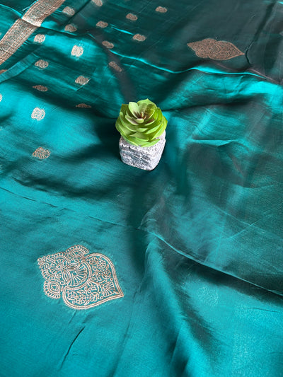NEEL KAMAL: TEAL BLUE,PARTY WEAR BANARASI SILK CHANDERI 3 PIECE SUIT SET