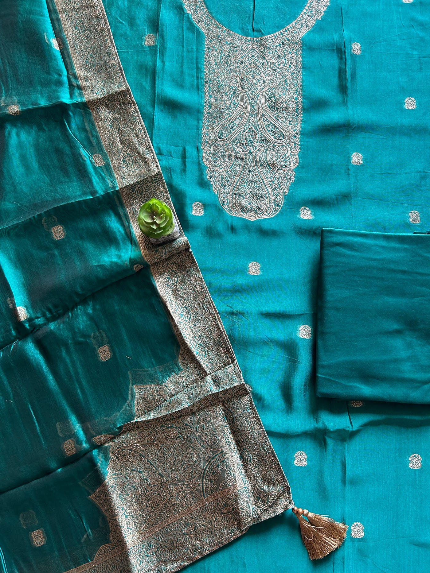 NEEL KAMAL: TEAL BLUE,PARTY WEAR BANARASI SILK CHANDERI 3 PIECE SUIT SET