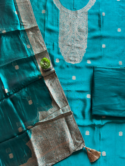 NEEL KAMAL: TEAL BLUE,PARTY WEAR BANARASI SILK CHANDERI 3 PIECE SUIT SET