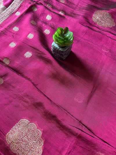 GULBAGH: MAGENTA,PARTY WEAR BANARASI SILK CHANDERI 3 PIECE SUIT SET