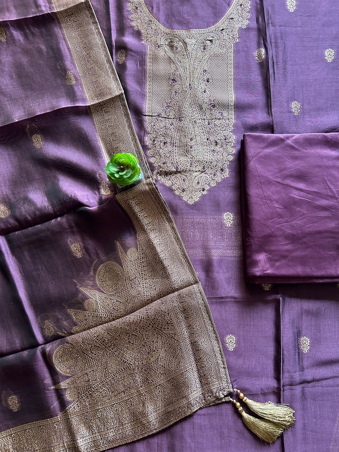 ANGOORI: MAUVE,PARTY WEAR BANARASI SILK CHANDERI 3 PIECE SUIT SET