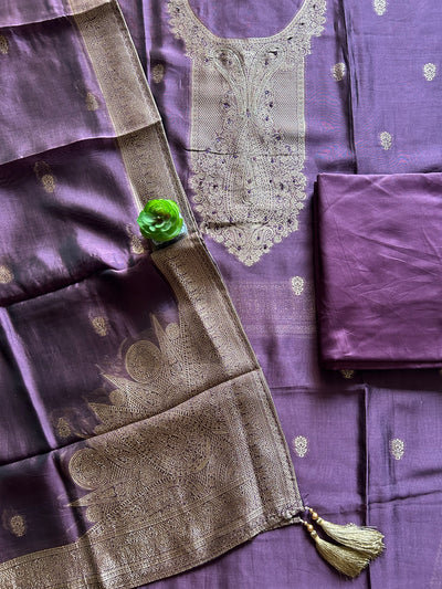ANGOORI: MAUVE,PARTY WEAR BANARASI SILK CHANDERI 3 PIECE SUIT SET